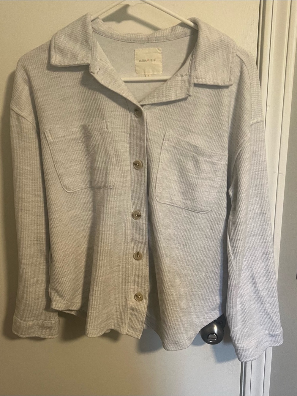 Ultra Flirt Heather Gray Ribbed Knit Button-Front Shacket - Size S